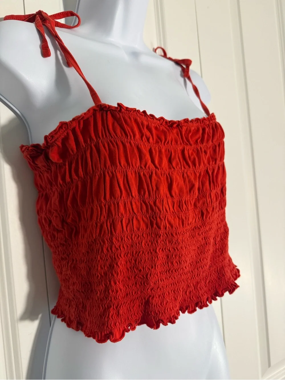 H&M Red Smocked Tie-Shoulder Crop Top